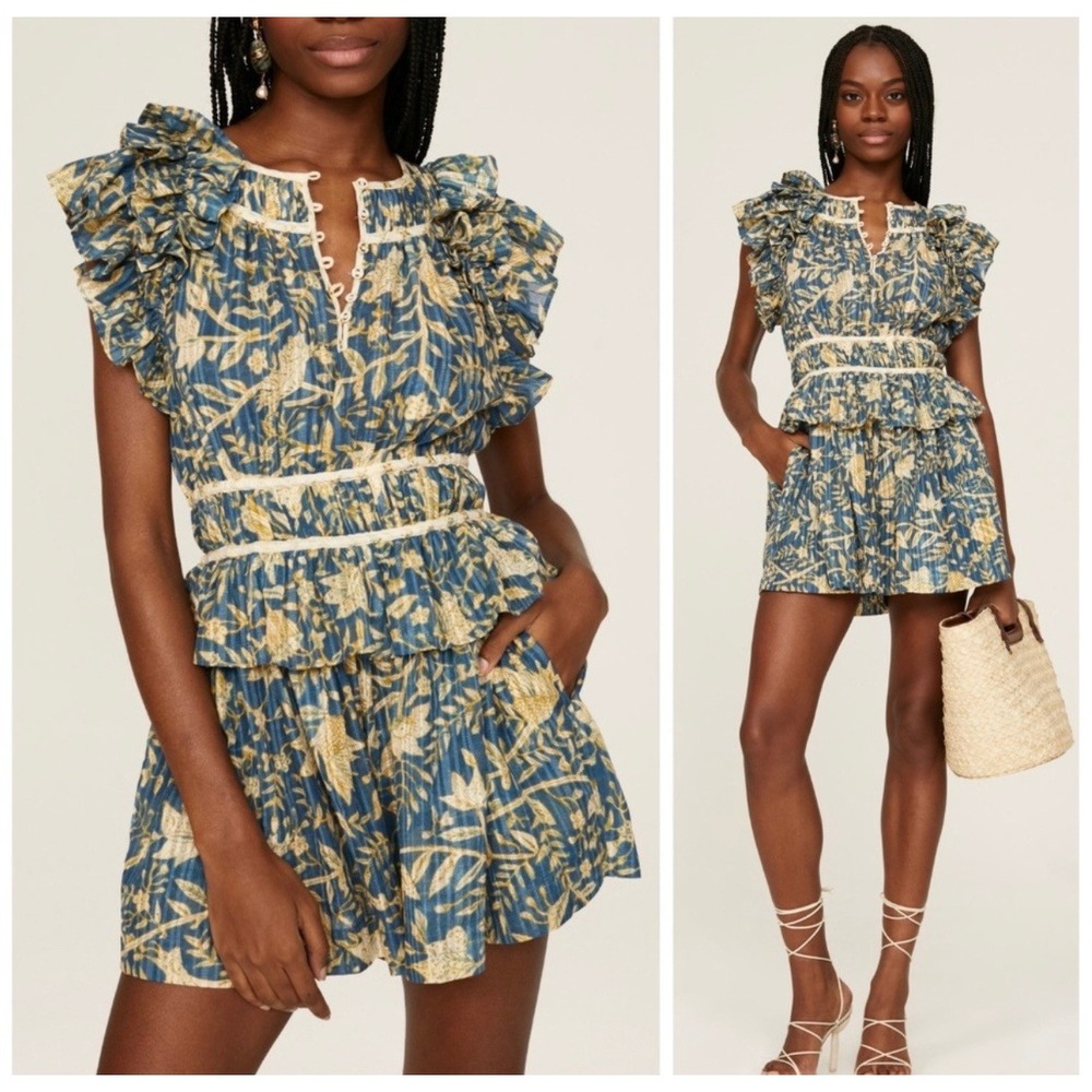 Ulla Johnson Endah Floral Playsuit Romper Ruffle Blue Size 4 Cotton Viscose Boho